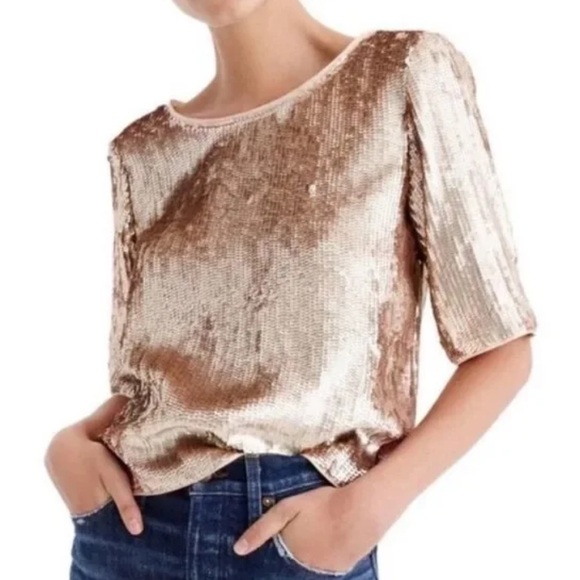 NWT J.crew Bianca rose gold Sequined crepe Top size 10 Black ribbon Bow back - Picture 3 of 16